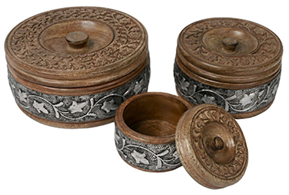 Mango Wood Set of 3 Metal Overlay Round Boxes - Click Image to Close